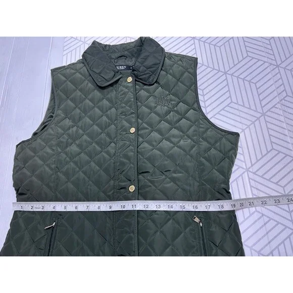 Ralph Lauren Womens Quilted Vest Green Full Zip Pony Logo Size L Preppy j - Picture 6 of 8